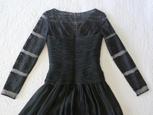 Oscar de la Renta Black Silk Chiffon Point D-Esprit Lace Ruched Gown Vtg 10 S XS - Picture 8 of 21