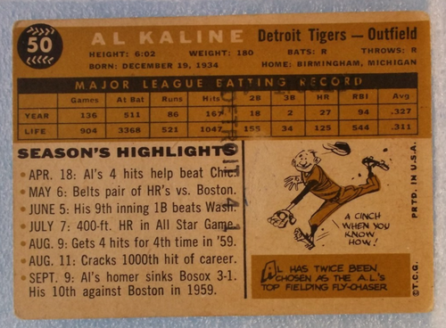 1960 Topps Al Kaline Baseball Trading Card (#50) - Picture 2 of 2