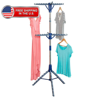 Mainstays Space-Saving 2-Tier Steel Tripod Hanging Clothes Drying Rack, Blue/Sil
