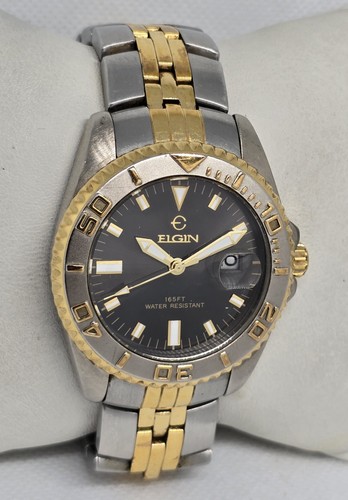Reloj pulsera Elgin redondo de dos tonos dorado plata esfera negra fecha para hombre 08 - Imagen 3 de 9