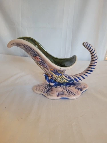 Hull Blossom cornucopia planter 1955 6 3/4" tall green blue