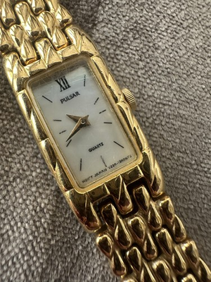 #ad VTG Pulsar Womens Gold Tone Rectangular Quartz Watch V220 6060 Bracelet MOP Dial $19.99