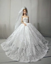 White Wedding Dress + Veil For 11.5" Doll Clothes Princess Gown Accessories Toys