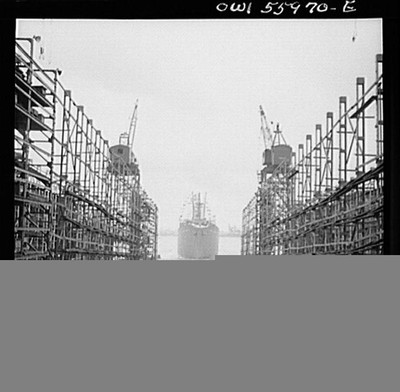 Photo:Shipyard Dry Dock Cargo Ship Under Construction 1940s