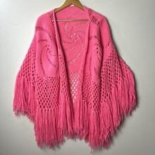 Vtg Crochet Shawl Scarf Wrap Pink Fringe Boho Festival Romantic Granny Fairy 70s