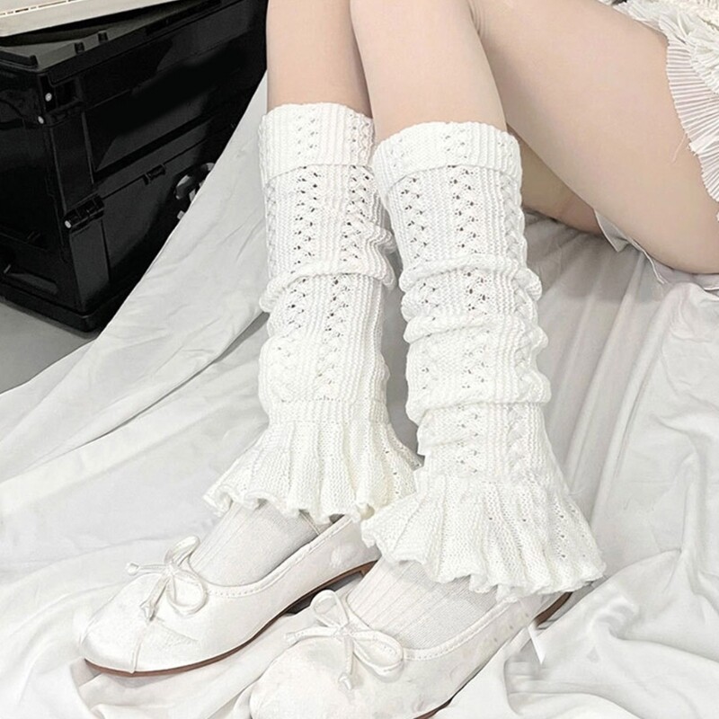 Women Knitted Leg Warmers Student Girls Harajuku Leg Cover Middle Tube Socks - Picture 3 of 15