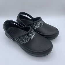 Crocs Mercy Work Women's Clogs Size 6 Black Silver Floral Comfort