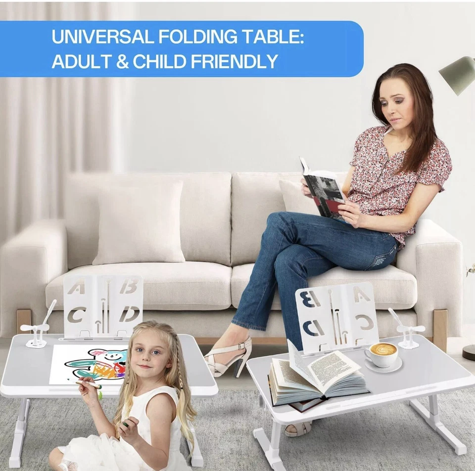 Mesa cama para portátil con interfaz USB/cajón de almacenamiento,/ventilador/luz/estantería gris Foto 4 de 4