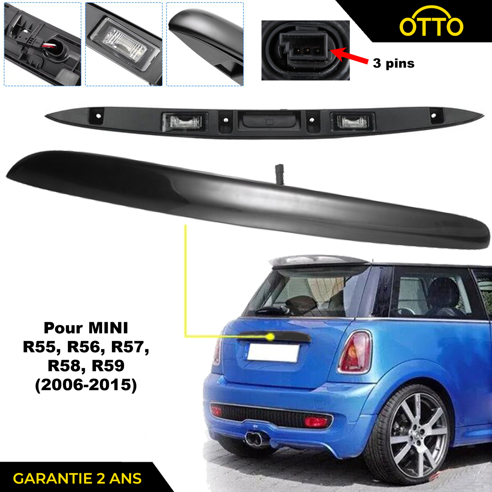Éclairage de plaque pour MINI Cooper S Clubman 51132753602 de 2007 à 2014 en plastique ABS noir
