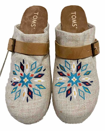 NWOT TOMS elisa linen Embroidered Burlap Wood-Soled Slip-On Clogs Beige 9 - Picture 2 of 7