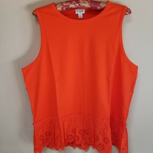 New J.Crew Women's Size Large Round Neck Eyelet-Hem Tank Top Red Cotton AN702
