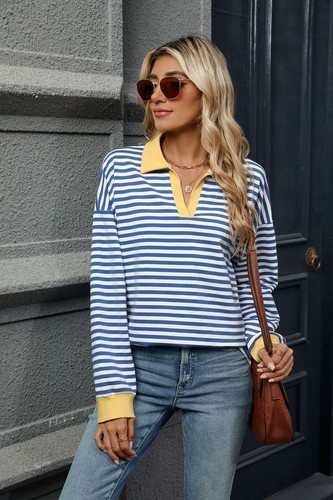 Plus Size Womens Long Sleeve Lapel V-Neck Hoodies Tops Stripes Baggy Sweatshirts - Picture 28 of 50