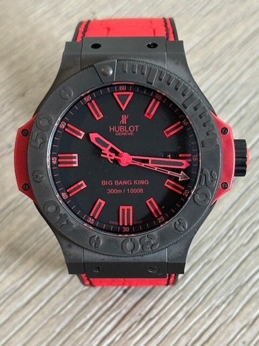 Hublot 48mm Big Bang Men's Black Ceramic Watch w/Red Rubber/Leather Strap 36/500