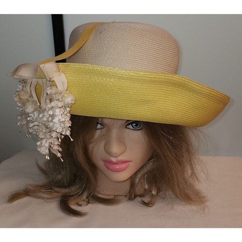 Vintage 50s 60s Jack McConnell Yellow White Straw Floral Designer Hat 21 inches - Picture 3 of 10
