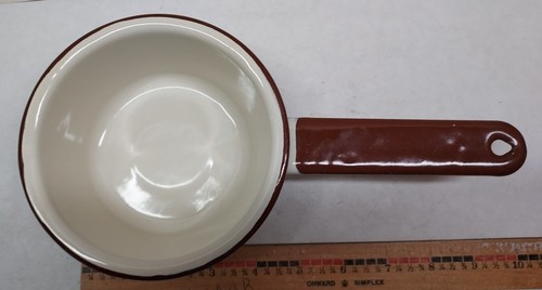 Vintage Small Cream/BrownTrim Enamelware Sauce Pan W/ Handle - 1120243 - Picture 1 of 6