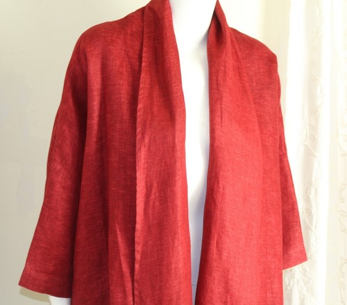 Eskandar Sz 0 Gorgeous Red Poppy Herringbone 30" Long Open Jacket Blazer - Picture 8 of 12