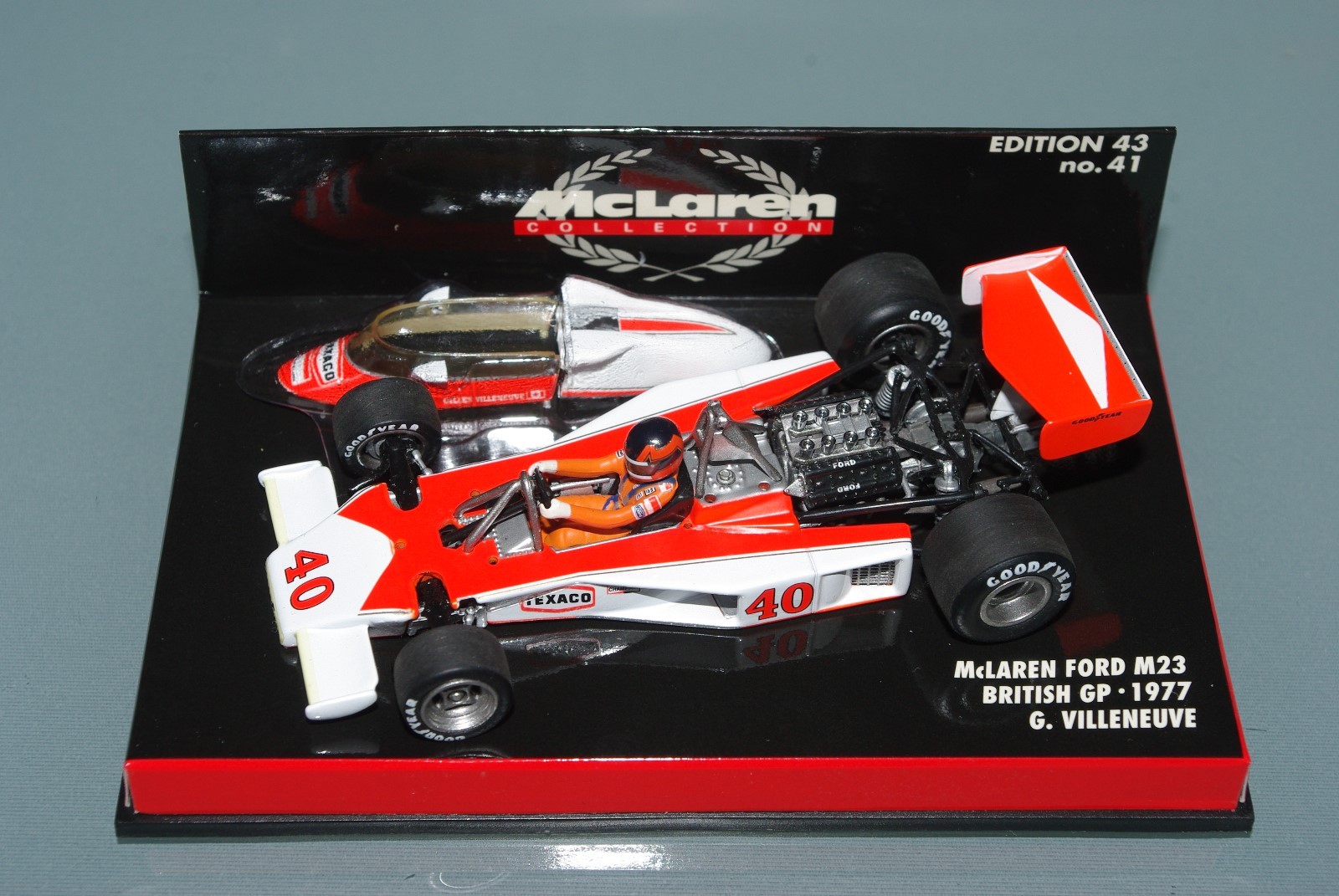 Minichamps F1 1 43 McLAREN FORD MP23 BRITISH GP 1977 GILLES VILLENEUVE Minichamps F1 1 43 McLAREN FORD MP23 BRITISH GP 1977 GILLES VILLENEUVE