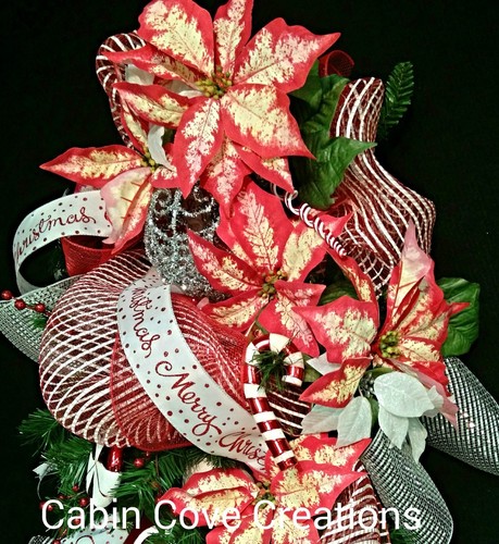 HUGE Teardrop Christmas Swag Sweet Treat Poinsettia red white silver Custom - Picture 4 of 11
