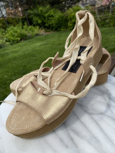 Marc Jacobs Sandals Y2K Vintage Lace-Up Comfort Wedge Flats Gold Suede 36.5 6.5 - Picture 4 of 12