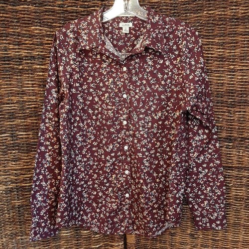 L.L. Bean Shirt Women's Small Maroon Wrinkle Free Floral Button Up Oxford Office