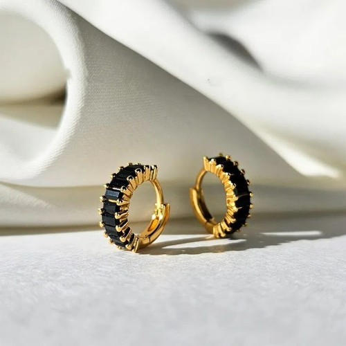 Dainty Baguette Black Stone Huggie 925 Silver Hoop 18K Gold Plated Boho Earrings