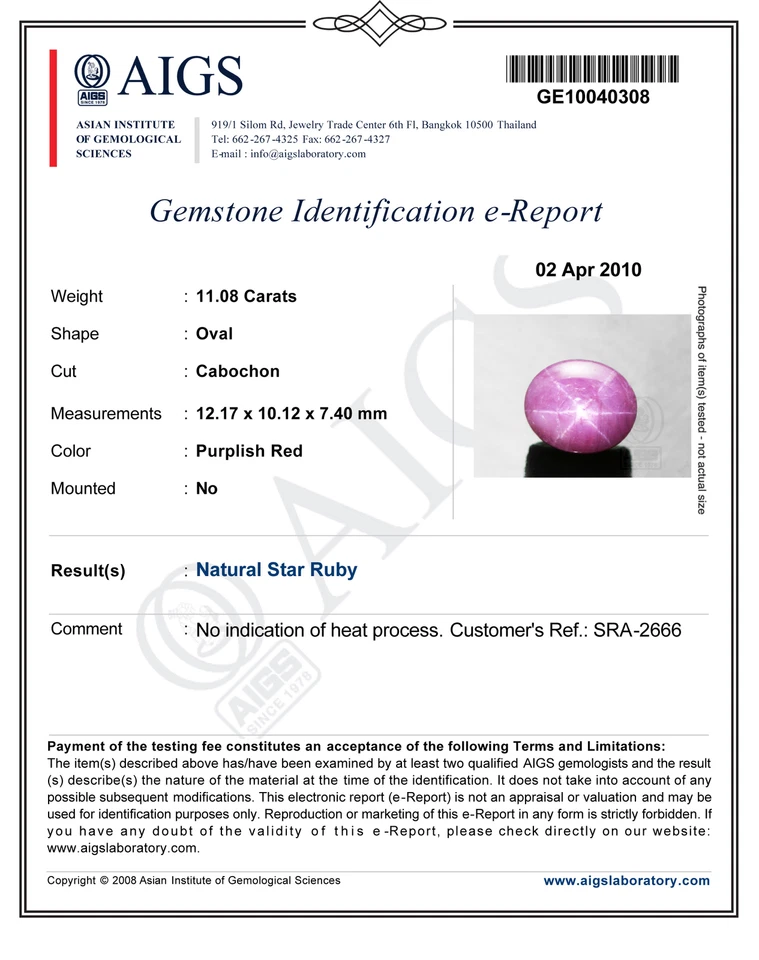 AIGS Certified INDIA Star Ruby 11.08 Cts Natural Untreated Purplish Pink Oval - Image 3 of 3