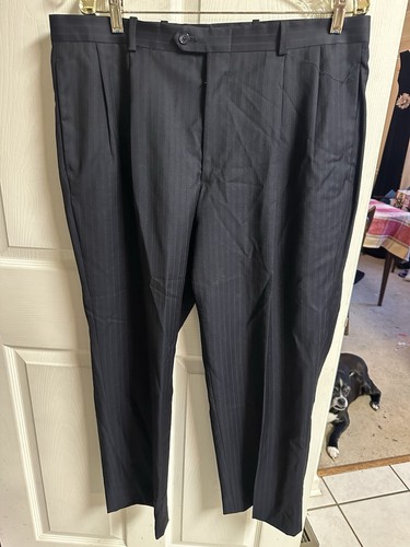 Tasso Elba Wool Men 42r Black Striped 2PC Suit Pleated Pants 39x29 Macys Jacket - Picture 11 of 16