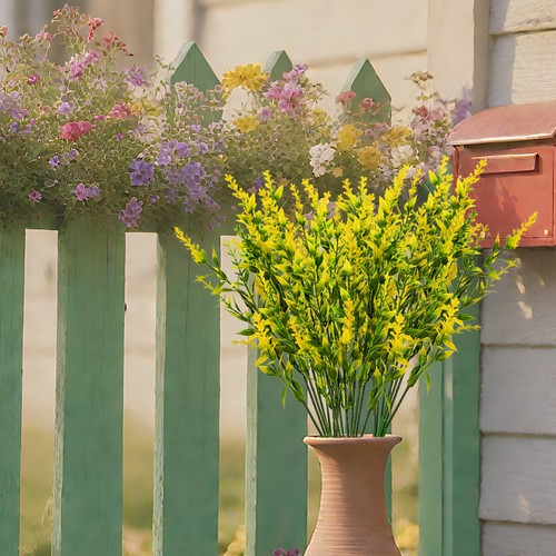 Flores artificiales amarillas de lavanda plantas de plástico falsas para decoración de jardín al aire libre - Imagen 11 de 13