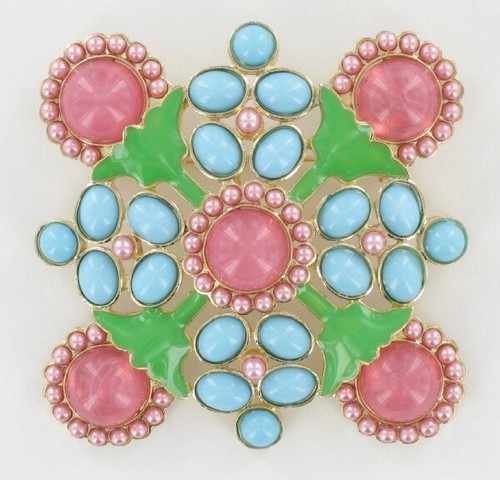 Large Multicolor Pink Blue Green Faux Pearl Flower Floral Pin Brooch 2 3/4" - Picture 2 of 3