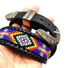 Vintage 1991 Black Leather Hand Crafted Laced Seed Bead Decorative Belt 26