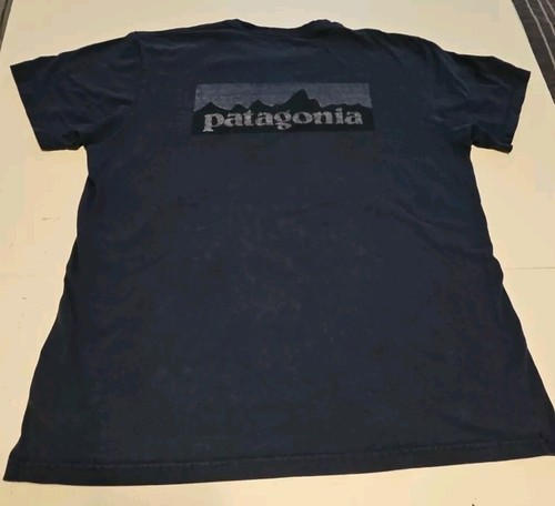 Patagonia Logo T- Shirt Men's Size L Navy Blue Short Sleeve Crew Neck Reg. Fit - Picture 7 of 11