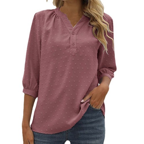 Womens Summer V Neck 3/4 Sleeve Blouses Swiss Dot Tunic Tops Casual Button Shirt - Bild 3 von 50