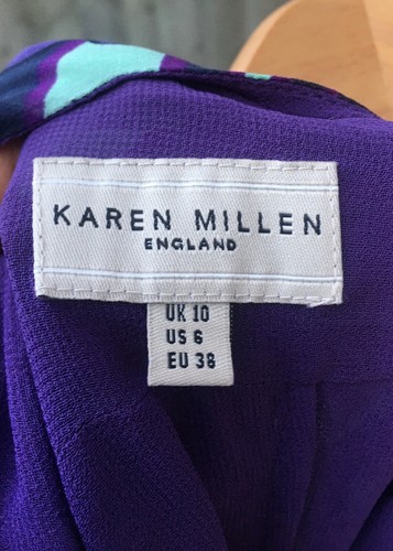 KAREN MILLEN SILK BLUE,PURPLE & TURQUOISE V NECK DRESS SIZE 10 - Picture 7 of 9
