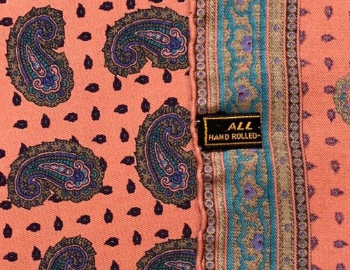 Vintage Dusty Rose Pink Paisley Silk Pocket Square Blue Green Italy 17" x 16" - Picture 2 of 3