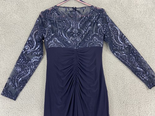 ELIZA J Gown Sz 6P Navy Blue Sequin Embroidered Lace Gathered Front Drape Jersey - Picture 14 of 18