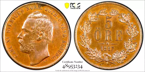 1867 Sweden 5 Ore, NGC MS 64, KM - 707