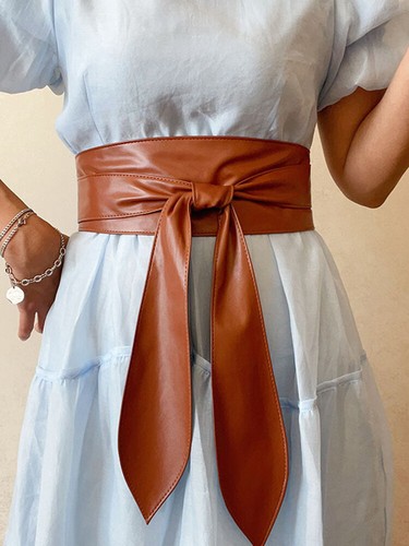 Women Adjustable Faux Leather Waist Belt Lace Up Tied Knot Waist Strap - Picture 19 of 31