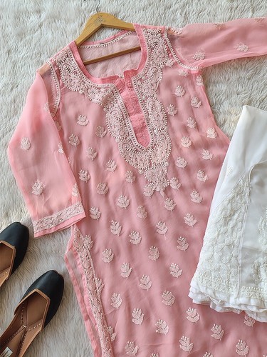 Peach Chikankari Georgette Kurta Sharara Set Ethnic Wear Salwar Kameez Dress - Picture 2 of 3