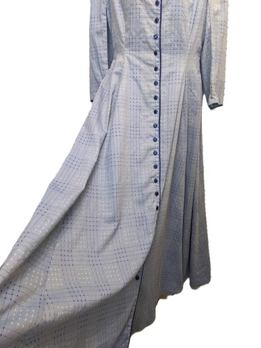 Vestido Abrigo Largo Completo Vintage Medio Modesto Hecho a Mano Azul Dobby Dot Completamente Forrado - Imagen 5 de 18