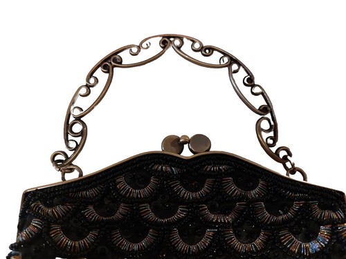 Vntg. Black Satin Beaded Sequin Evening Shoulder Bag, Chrome Hardware Kisslock - Picture 5 of 9
