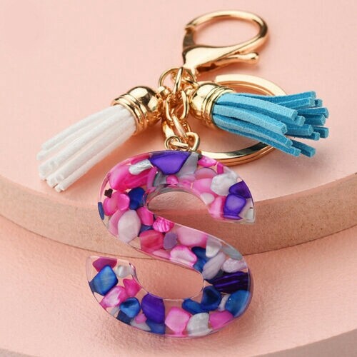 A-Z Alphabet Tassel Acrylic Keychain Letter Key Ring Bag Car Pendant Charm - Picture 10 of 37