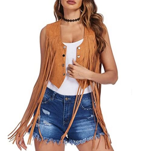 Women s Tassels Sleeveless Vest Hippie Faux Suedes Fringe Jackets Cardigan - Picture 8 of 16