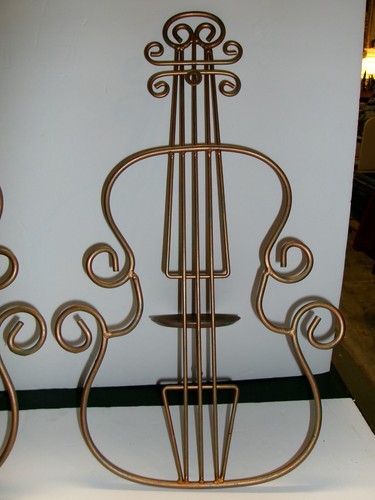 Pair of Vintage Metal Violin Shaped Wall Candle Holders Sconces - Picture 6 of 10