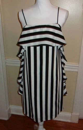 Nicole Miller New York Black/Ivory Striped Spaghetti Straps Ruffle Shift Dress 4 - Picture 3 of 6