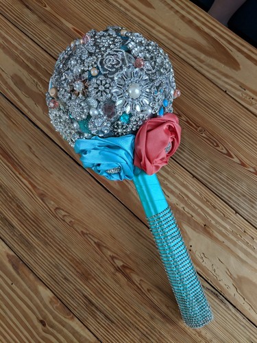 "HANDMADE" Bridal Wedding Bouquet Coral & Aqua Satin Rose Crystal Brooch "HANDMADE" Bridal Wedding Bouquet Coral & Aqua Satin Rose Crystal Brooch