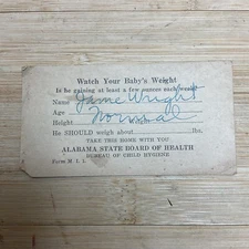  Vintage ALABAMA STATE BOARD OF HEALTH Baby Height Weight Card Wright S985