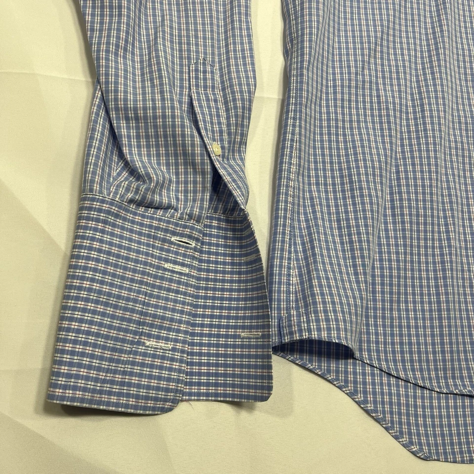 Camisa de vestir David Donahue para hombre 17 36/37 azul a cuadros botón puño francés - defecto Foto 3 de 4