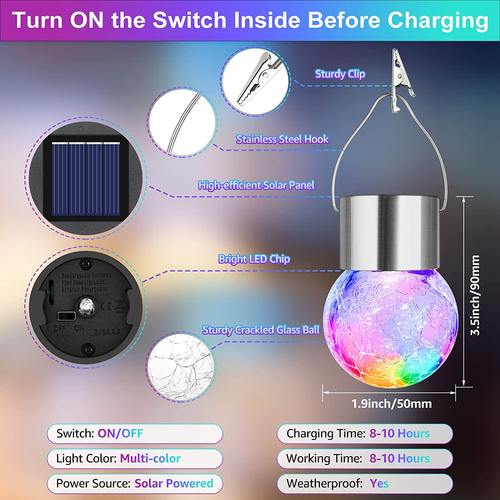 12-Pack Hanging Solar Lights, Decorative Cracked Glass Ball Light, Multicolor So - Picture 7 of 12