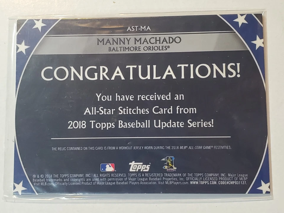 Manny Machado 2018 Topps Update All-Star Stitches Game Used Jersey Relic card SP - Image 3 of 3