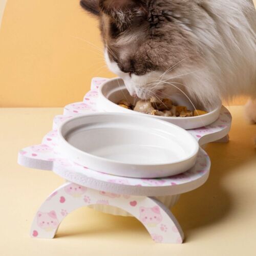 Double Bowl Ceramic Cat Bowl with Stand Non-slip Cat Feeding Dish Kitty - Picture 9 of 17